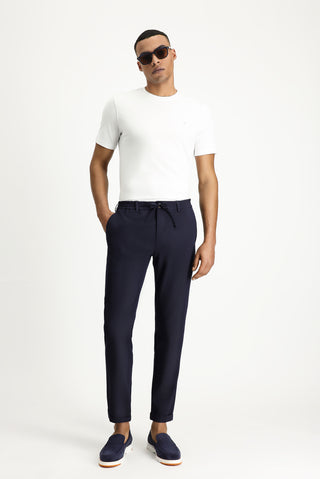  Koyu Lacivert 7 Drop Super Slim Fit Eksra Dar Kesim Beli İpli Gofre Likralı Klasik Kumaş Pantolon