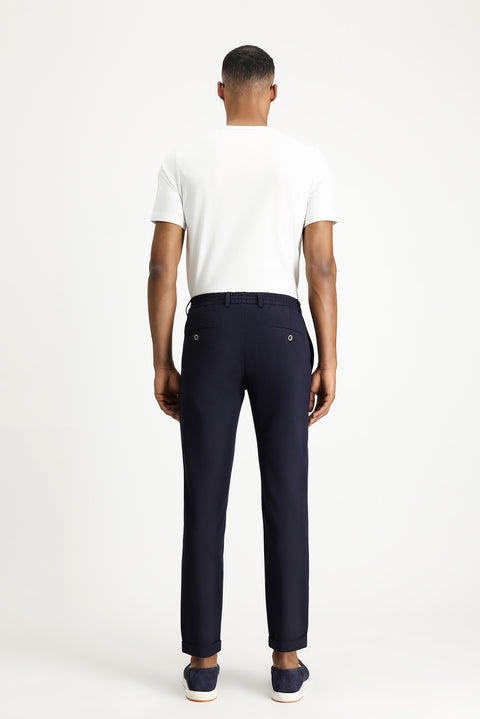 Dark Navy 7 Drop Super Slim Fit Extra Narrow Cut Elastic Waist Drawstring Wavy Lycra Classic Fabric Trousers