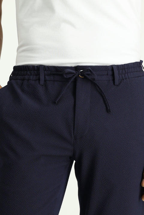 Dark Navy 7 Drop Super Slim Fit Extra Narrow Cut Elastic Waist Drawstring Wavy Lycra Classic Fabric Trousers