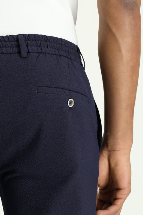 Dark Navy 7 Drop Super Slim Fit Extra Narrow Cut Elastic Waist Drawstring Wavy Lycra Classic Fabric Trousers