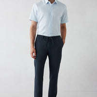 Black Navy 7 Drop Super Slim Fit Extra Narrow Cut Elastic Waist Drawstring Wavy Lycra Classic Fabric Trousers