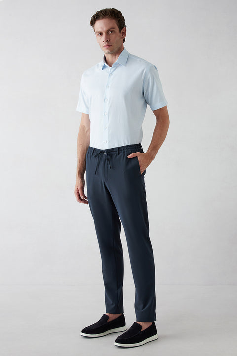 Black Navy 7 Drop Super Slim Fit Extra Narrow Cut Elastic Waist Drawstring Wavy Lycra Classic Fabric Trousers