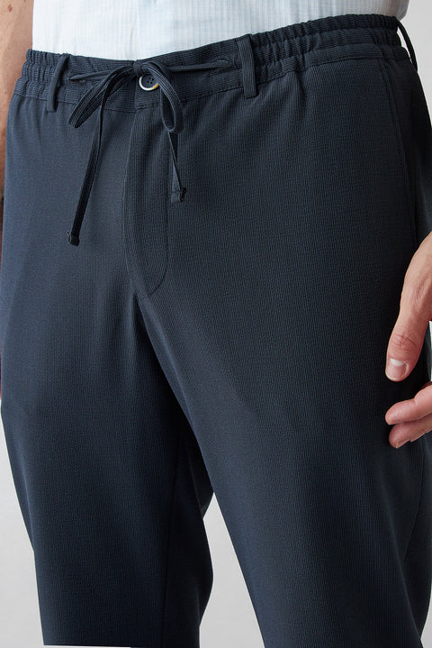 Black Navy 7 Drop Super Slim Fit Extra Narrow Cut Elastic Waist Drawstring Wavy Lycra Classic Fabric Trousers