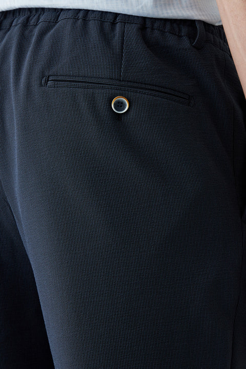 Black Navy 7 Drop Super Slim Fit Extra Narrow Cut Elastic Waist Drawstring Wavy Lycra Classic Fabric Trousers