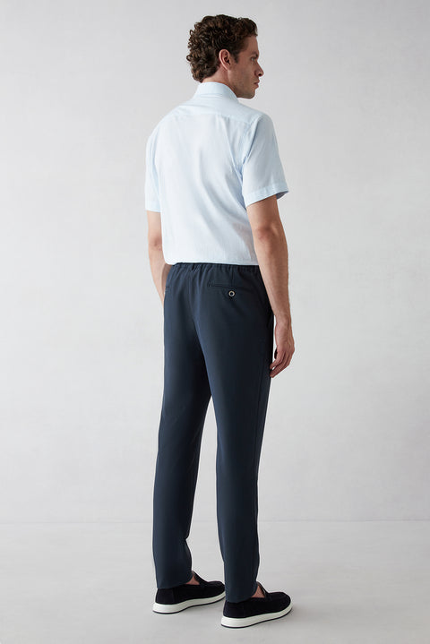 Black Navy 7 Drop Super Slim Fit Extra Narrow Cut Elastic Waist Drawstring Wavy Lycra Classic Fabric Trousers