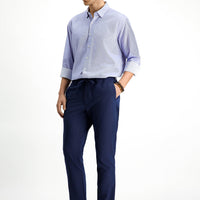 Navy Blue 7 Drop Super Slim Fit Extra Narrow Cut Elastic Waist Drawstring Wavy Lycra Classic Fabric Trousers
