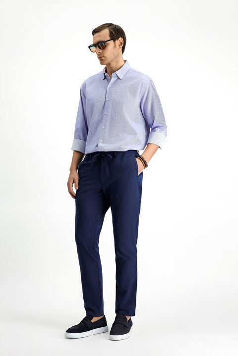 Navy Blue 7 Drop Super Slim Fit Extra Narrow Cut Elastic Waist Drawstring Wavy Lycra Classic Fabric Trousers