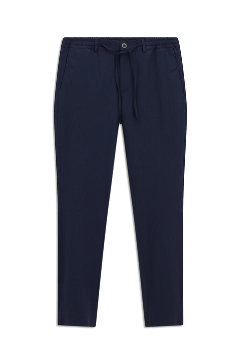 Navy Blue 7 Drop Super Slim Fit Extra Narrow Cut Elastic Waist Drawstring Wavy Lycra Classic Fabric Trousers
