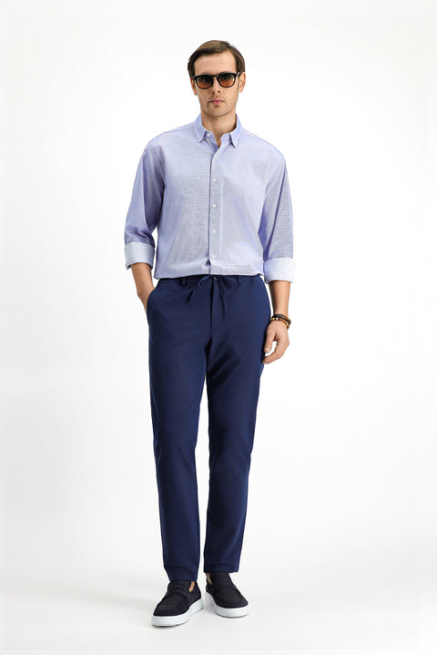 Navy Blue 7 Drop Super Slim Fit Extra Narrow Cut Elastic Waist Drawstring Wavy Lycra Classic Fabric Trousers