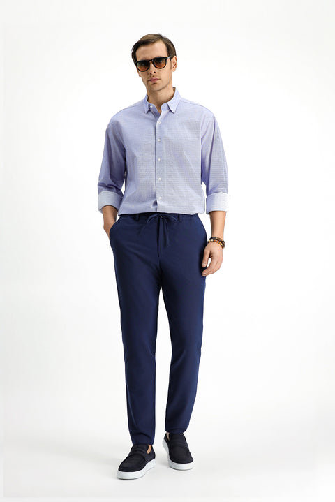 Navy Blue 7 Drop Super Slim Fit Extra Narrow Cut Elastic Waist Drawstring Wavy Lycra Classic Fabric Trousers