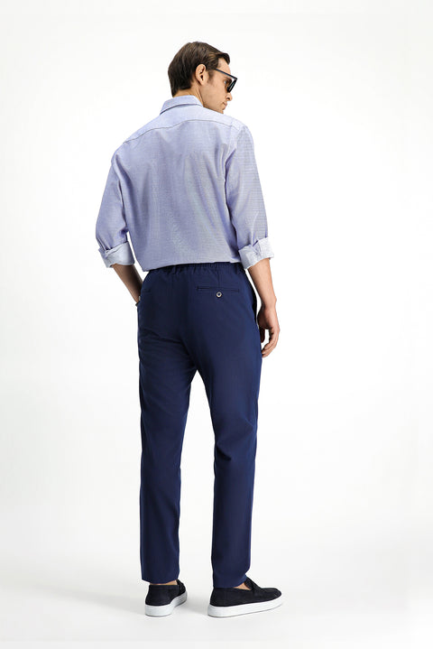 Navy Blue 7 Drop Super Slim Fit Extra Narrow Cut Elastic Waist Drawstring Wavy Lycra Classic Fabric Trousers