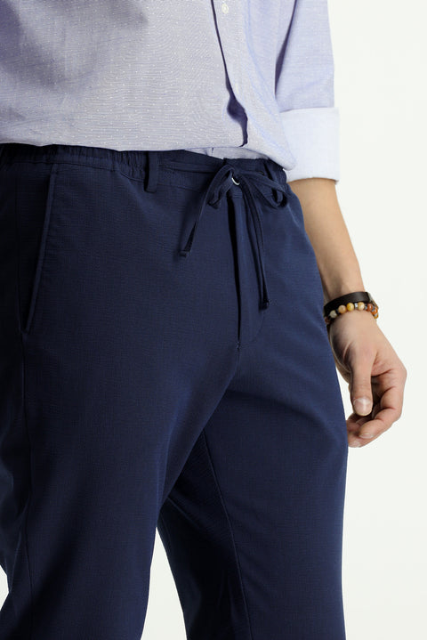 Navy Blue 7 Drop Super Slim Fit Extra Narrow Cut Elastic Waist Drawstring Wavy Lycra Classic Fabric Trousers