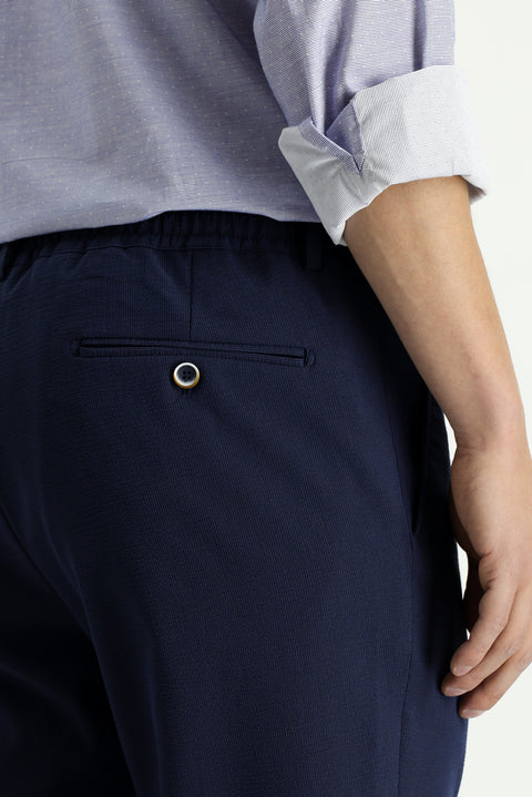 Navy Blue 7 Drop Super Slim Fit Extra Narrow Cut Elastic Waist Drawstring Wavy Lycra Classic Fabric Trousers