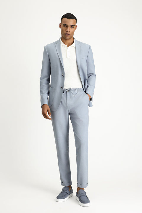 Light Blue 7 Drop Super Slim Fit Extra Narrow Cut Elastic Waist Drawstring Wavy Lycra Classic Fabric Trousers