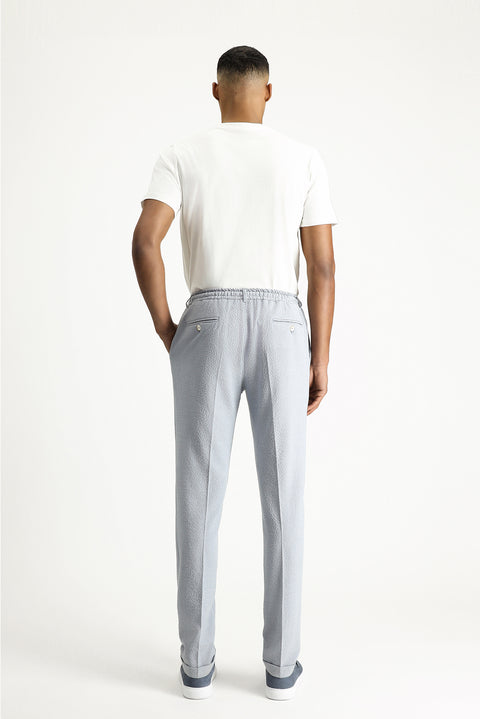 Light Blue 7 Drop Super Slim Fit Extra Narrow Cut Elastic Waist Drawstring Wavy Lycra Classic Fabric Trousers