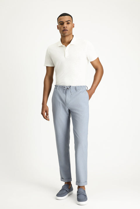 Light Blue 7 Drop Super Slim Fit Extra Narrow Cut Elastic Waist Drawstring Wavy Lycra Classic Fabric Trousers