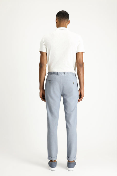 Light Blue 7 Drop Super Slim Fit Extra Narrow Cut Elastic Waist Drawstring Wavy Lycra Classic Fabric Trousers