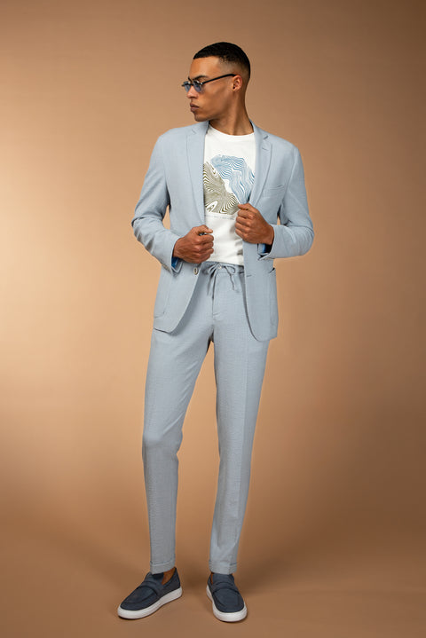Light Blue 7 Drop Super Slim Fit Extra Narrow Cut Elastic Waist Drawstring Wavy Lycra Classic Fabric Trousers