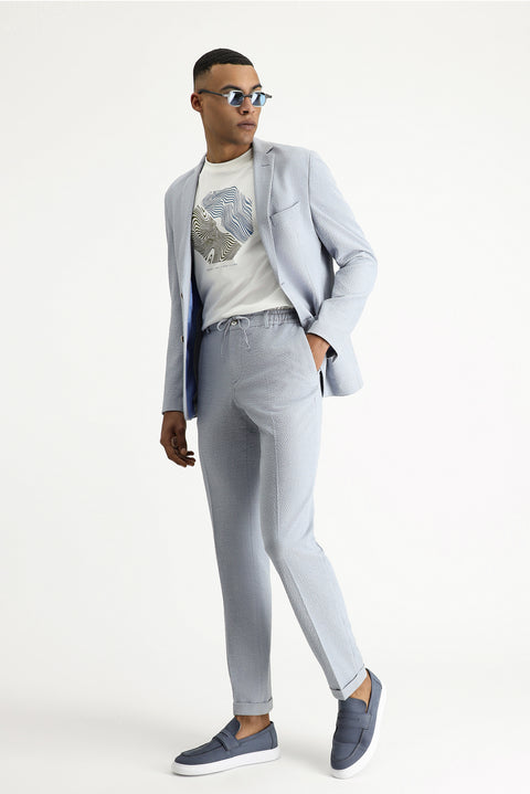 Light Blue 7 Drop Super Slim Fit Extra Narrow Cut Elastic Waist Drawstring Wavy Lycra Classic Fabric Trousers