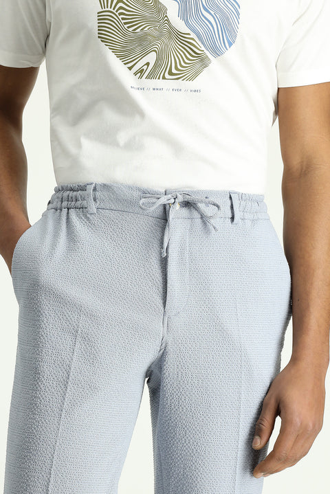 Light Blue 7 Drop Super Slim Fit Extra Narrow Cut Elastic Waist Drawstring Wavy Lycra Classic Fabric Trousers