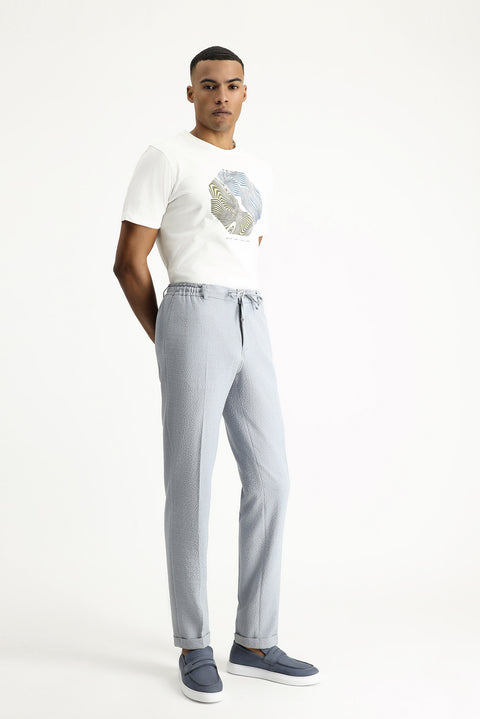 Light Blue 7 Drop Super Slim Fit Extra Narrow Cut Elastic Waist Drawstring Wavy Lycra Classic Fabric Trousers