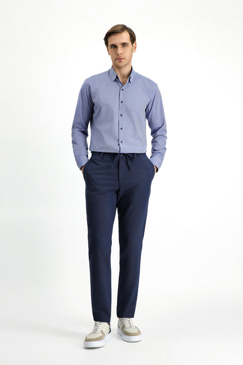 Sky Blue 7 Drop Super Slim Fit Extra Narrow Cut Elastic Waist Drawstring Wavy Lycra Classic Fabric Trousers