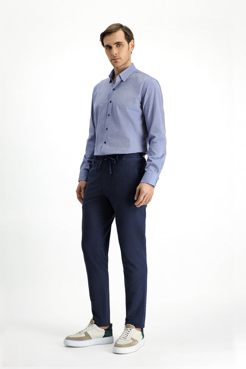 Sky Blue 7 Drop Super Slim Fit Extra Narrow Cut Elastic Waist Drawstring Wavy Lycra Classic Fabric Trousers