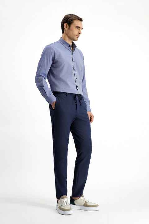 Sky Blue 7 Drop Super Slim Fit Extra Narrow Cut Elastic Waist Drawstring Wavy Lycra Classic Fabric Trousers