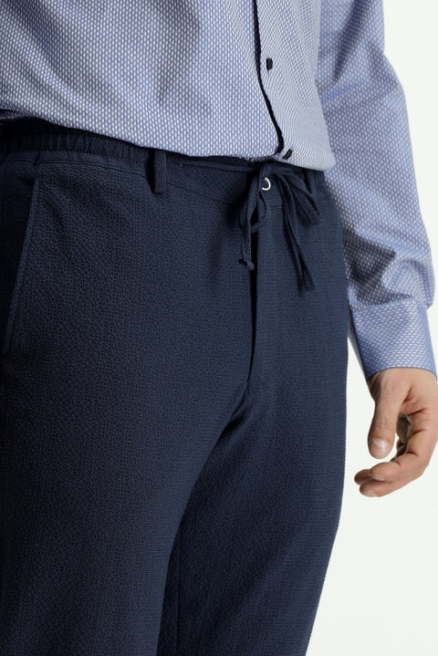 Sky Blue 7 Drop Super Slim Fit Extra Narrow Cut Elastic Waist Drawstring Wavy Lycra Classic Fabric Trousers