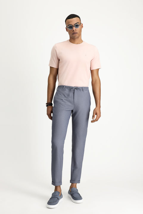 Aviator Blue 7 Drop Super Slim Fit Extra Narrow Cut Elastic Waist Drawstring Wavy Lycra Classic Fabric Trousers