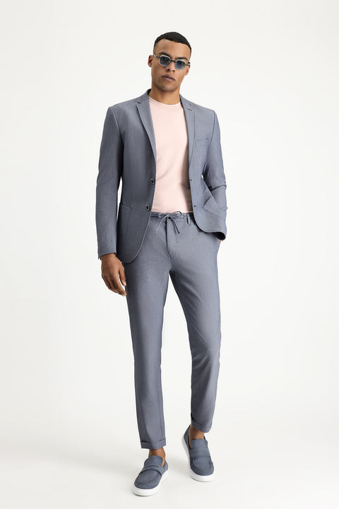 Aviator Blue 7 Drop Super Slim Fit Extra Narrow Cut Elastic Waist Drawstring Wavy Lycra Classic Fabric Trousers