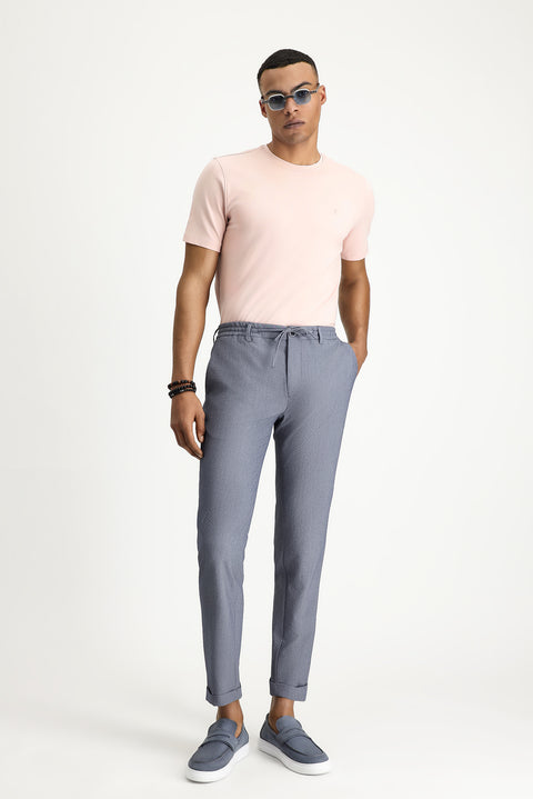 Aviator Blue 7 Drop Super Slim Fit Extra Narrow Cut Elastic Waist Drawstring Wavy Lycra Classic Fabric Trousers