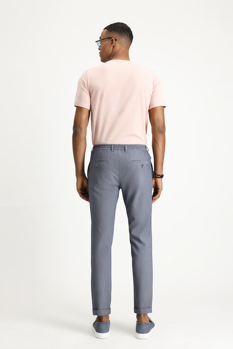Aviator Blue 7 Drop Super Slim Fit Extra Narrow Cut Elastic Waist Drawstring Wavy Lycra Classic Fabric Trousers