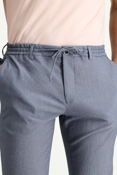 Aviator Blue 7 Drop Super Slim Fit Extra Narrow Cut Elastic Waist Drawstring Wavy Lycra Classic Fabric Trousers