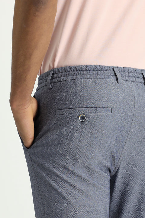 Aviator Blue 7 Drop Super Slim Fit Extra Narrow Cut Elastic Waist Drawstring Wavy Lycra Classic Fabric Trousers