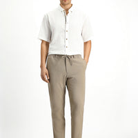 Medium Beige 7 Drop Super Slim Fit Extra Narrow Cut Elastic Waist Drawstring Wavy Lycra Classic Fabric Trousers