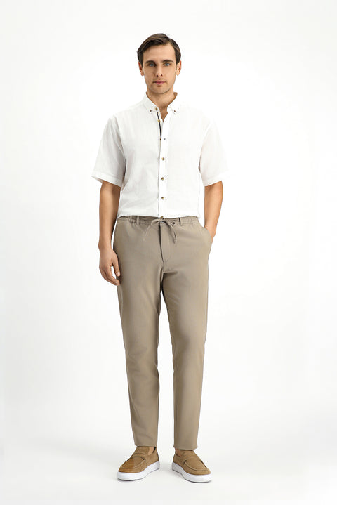 Medium Beige 7 Drop Super Slim Fit Extra Narrow Cut Elastic Waist Drawstring Wavy Lycra Classic Fabric Trousers