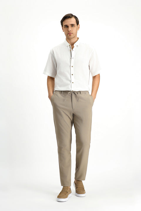 Medium Beige 7 Drop Super Slim Fit Extra Narrow Cut Elastic Waist Drawstring Wavy Lycra Classic Fabric Trousers