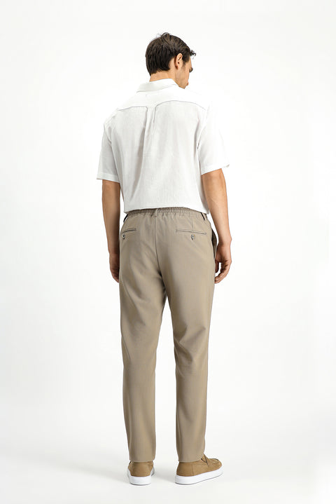 Medium Beige 7 Drop Super Slim Fit Extra Narrow Cut Elastic Waist Drawstring Wavy Lycra Classic Fabric Trousers