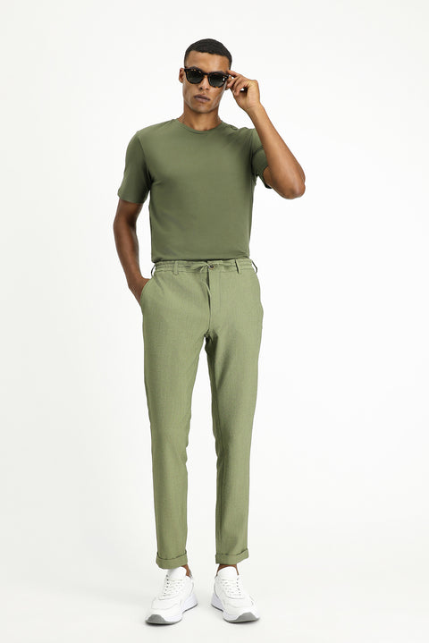 Açık Haki 7 Drop Super Slim Fit Eksra Dar Kesim Beli İpli Gofre Likralı Klasik Kumaş Pantolon