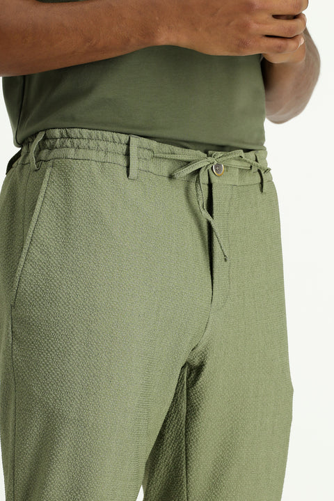 Açık Haki 7 Drop Super Slim Fit Eksra Dar Kesim Beli İpli Gofre Likralı Klasik Kumaş Pantolon