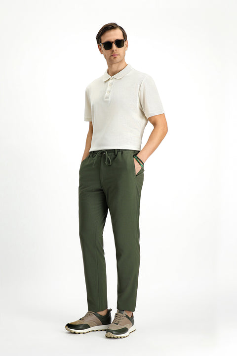 Koyu Yeşil 7 Drop Super Slim Fit Eksra Dar Kesim Beli İpli Gofre Likralı Klasik Kumaş Pantolon