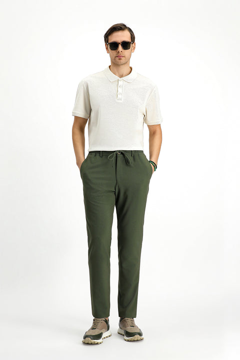 Koyu Yeşil 7 Drop Super Slim Fit Eksra Dar Kesim Beli İpli Gofre Likralı Klasik Kumaş Pantolon