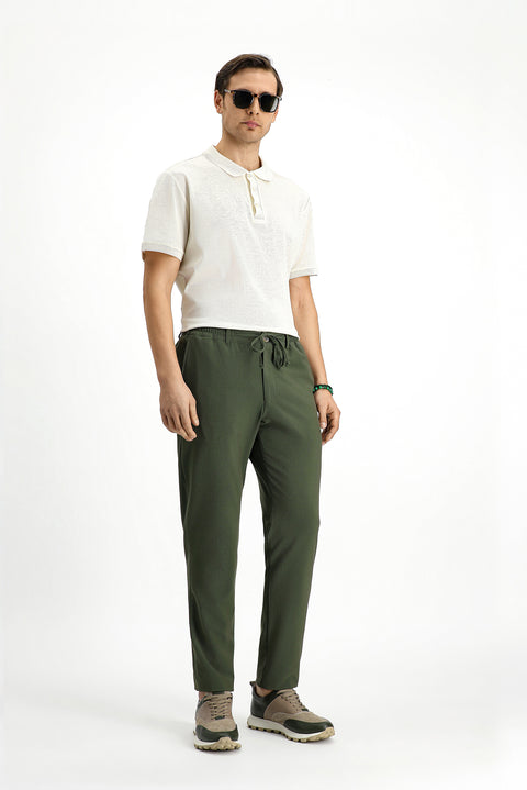 Koyu Yeşil 7 Drop Super Slim Fit Eksra Dar Kesim Beli İpli Gofre Likralı Klasik Kumaş Pantolon