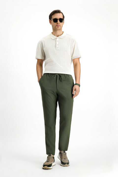 Koyu Yeşil 7 Drop Super Slim Fit Eksra Dar Kesim Beli İpli Gofre Likralı Klasik Kumaş Pantolon