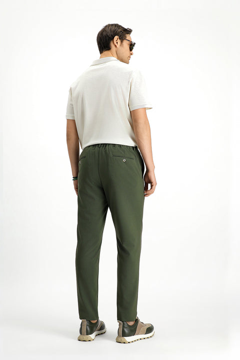 Koyu Yeşil 7 Drop Super Slim Fit Eksra Dar Kesim Beli İpli Gofre Likralı Klasik Kumaş Pantolon