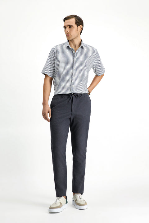 Koyu Antrasit 7 Drop Super Slim Fit Eksra Dar Kesim Beli İpli Gofre Likralı Klasik Kumaş Pantolon