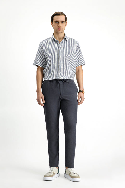 Koyu Antrasit 7 Drop Super Slim Fit Eksra Dar Kesim Beli İpli Gofre Likralı Klasik Kumaş Pantolon