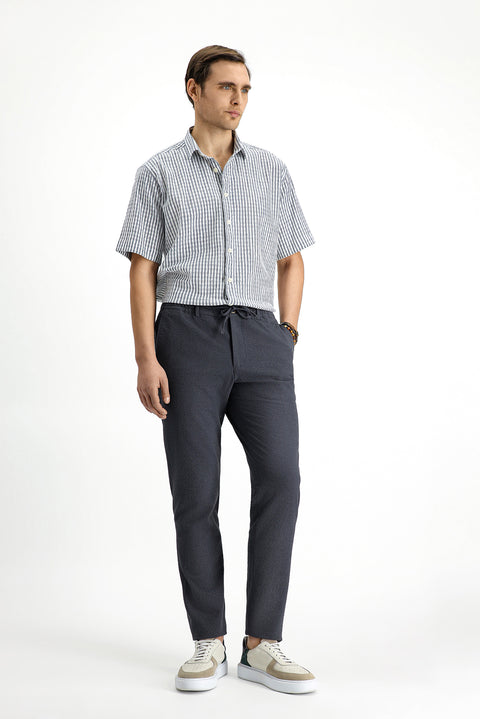 Koyu Antrasit 7 Drop Super Slim Fit Eksra Dar Kesim Beli İpli Gofre Likralı Klasik Kumaş Pantolon