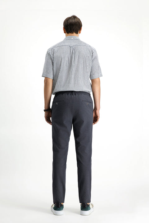Koyu Antrasit 7 Drop Super Slim Fit Eksra Dar Kesim Beli İpli Gofre Likralı Klasik Kumaş Pantolon